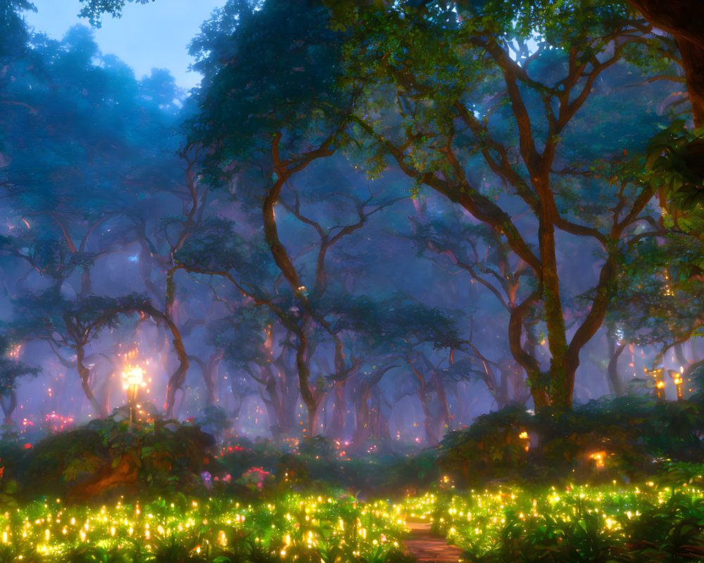 Enchanting blue mist forest with glowing flowers and trees
