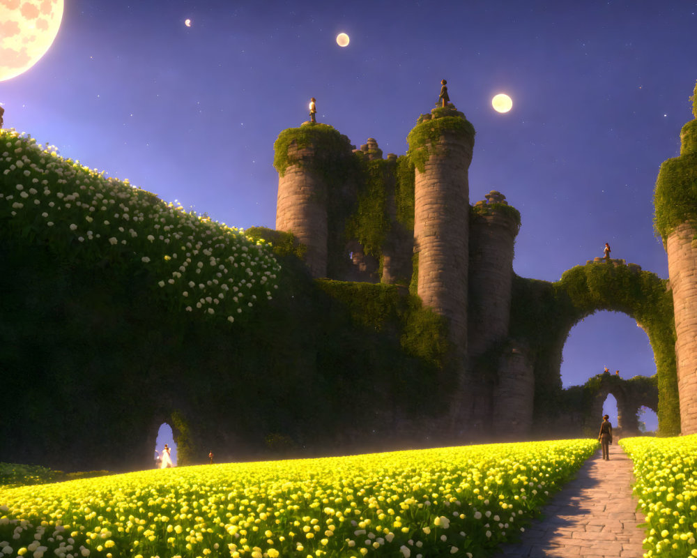 Moonlit fantasy landscape with ancient bridge, figures under arch, glowing flowers