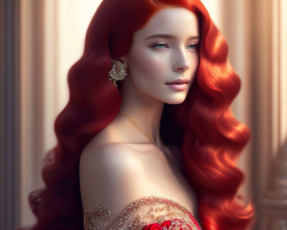 Digital portrait of woman with red hair and off-shoulder dress