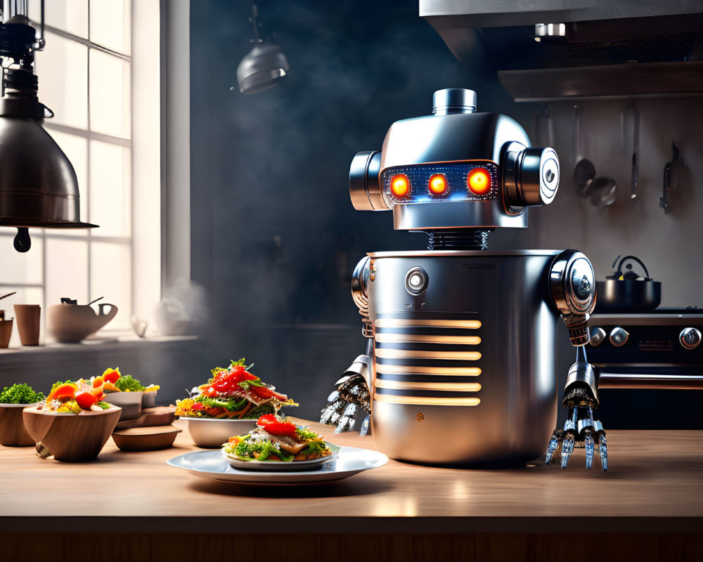 Chrome-Finish Robot Making Sandwiches in Modern Kitchen