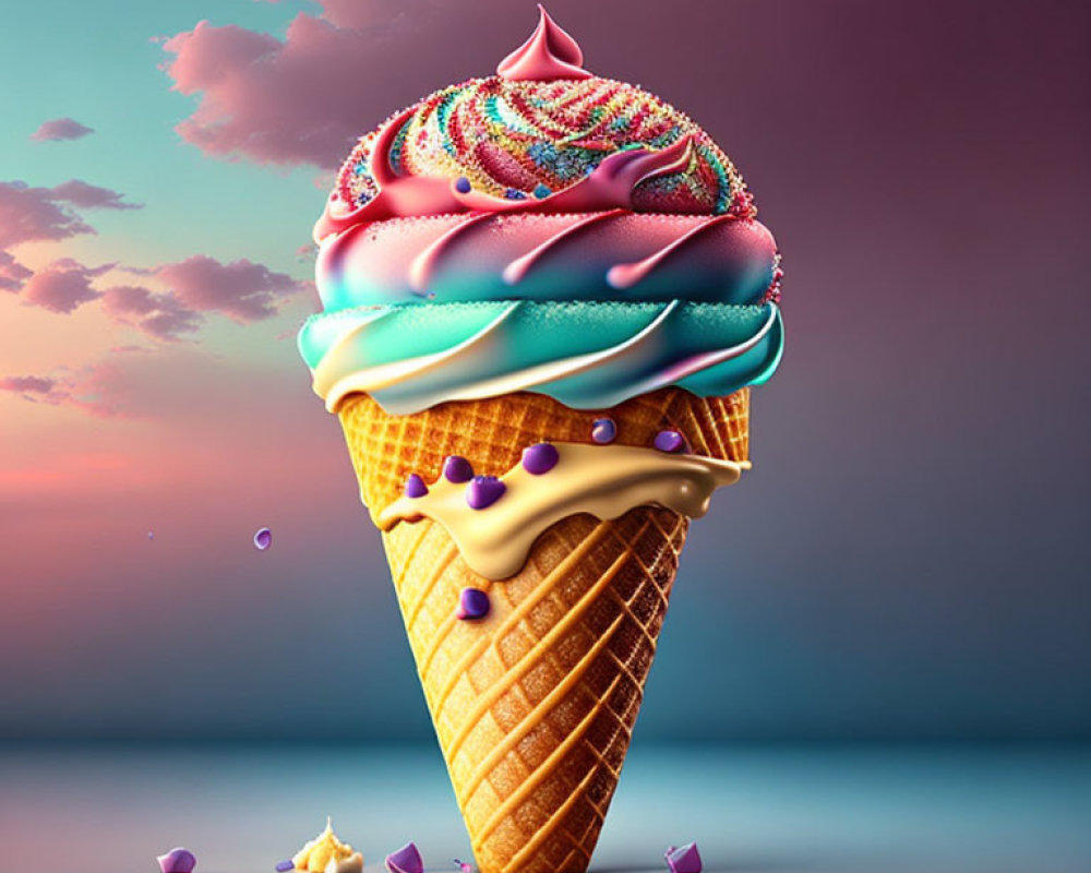 Vibrant soft serve ice cream in waffle cone under sunset sky