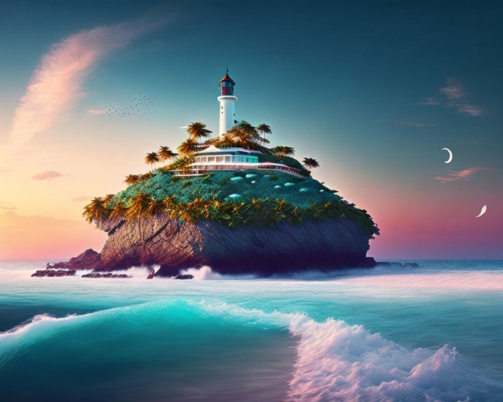 Lighthouse on small island under crescent moon in surreal scene