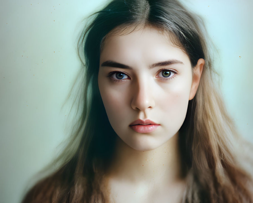 Young woman with long brown hair and intense gaze in soft-focused portrait.