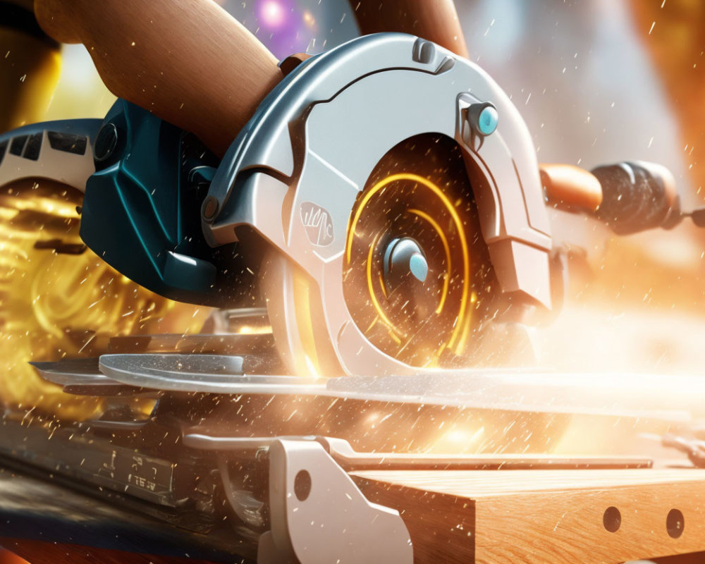 Circular saw cutting through wood with flying sawdust and glowing blade
