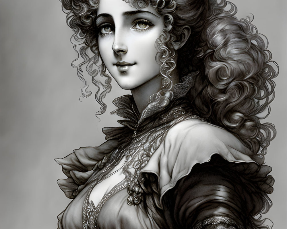 Monochrome illustration of woman in Victorian dress with curly hair