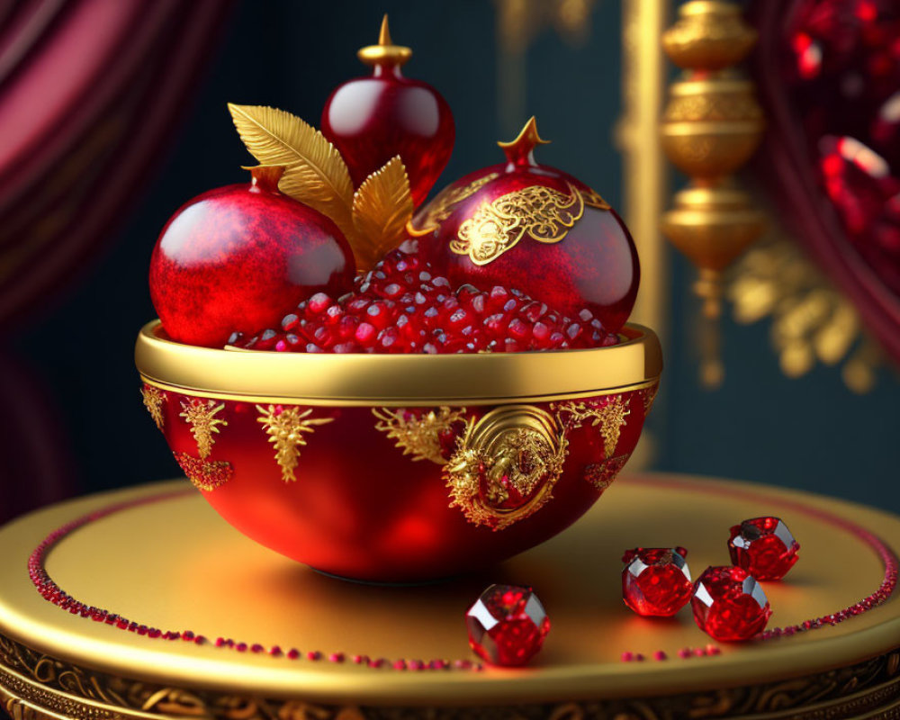 Luxurious golden bowl with garnet gemstones and pomegranates on blue background