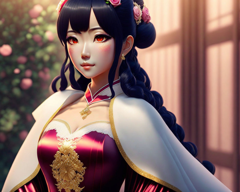 3D Rendered Female Character in Red and Gold Traditional Dress