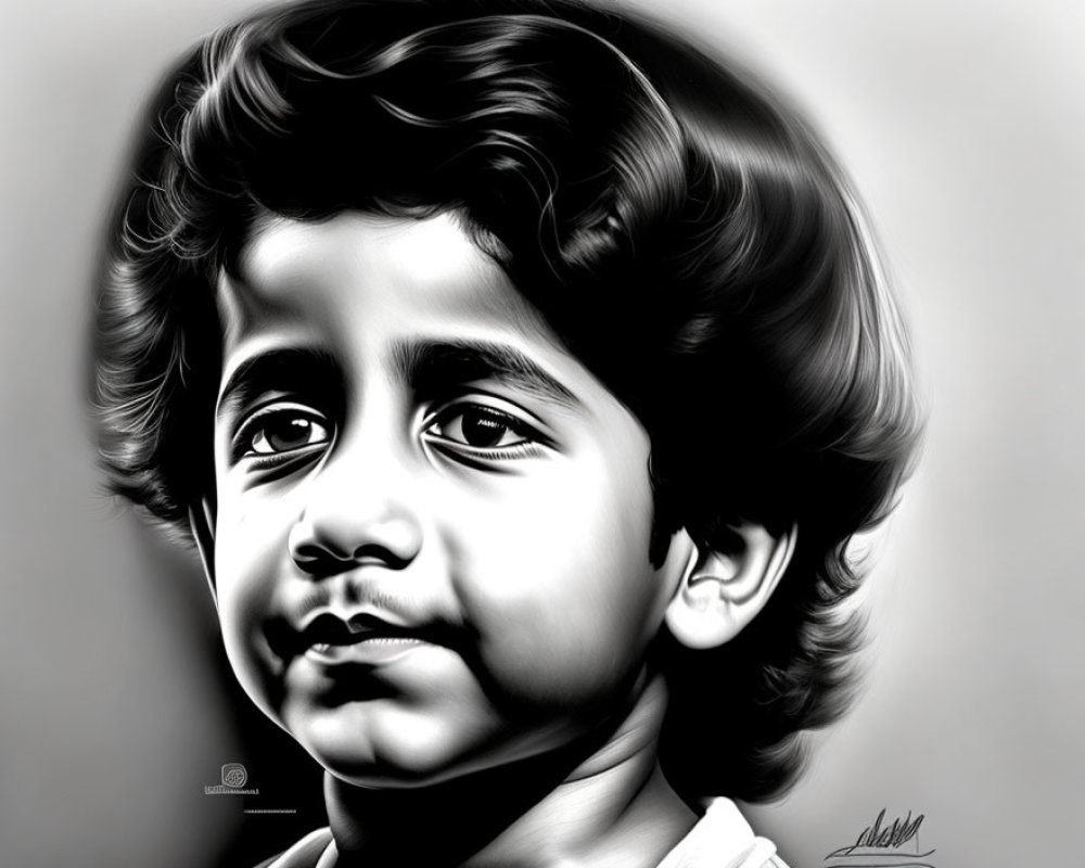 Monochrome digital artwork of pensive child with curly hair