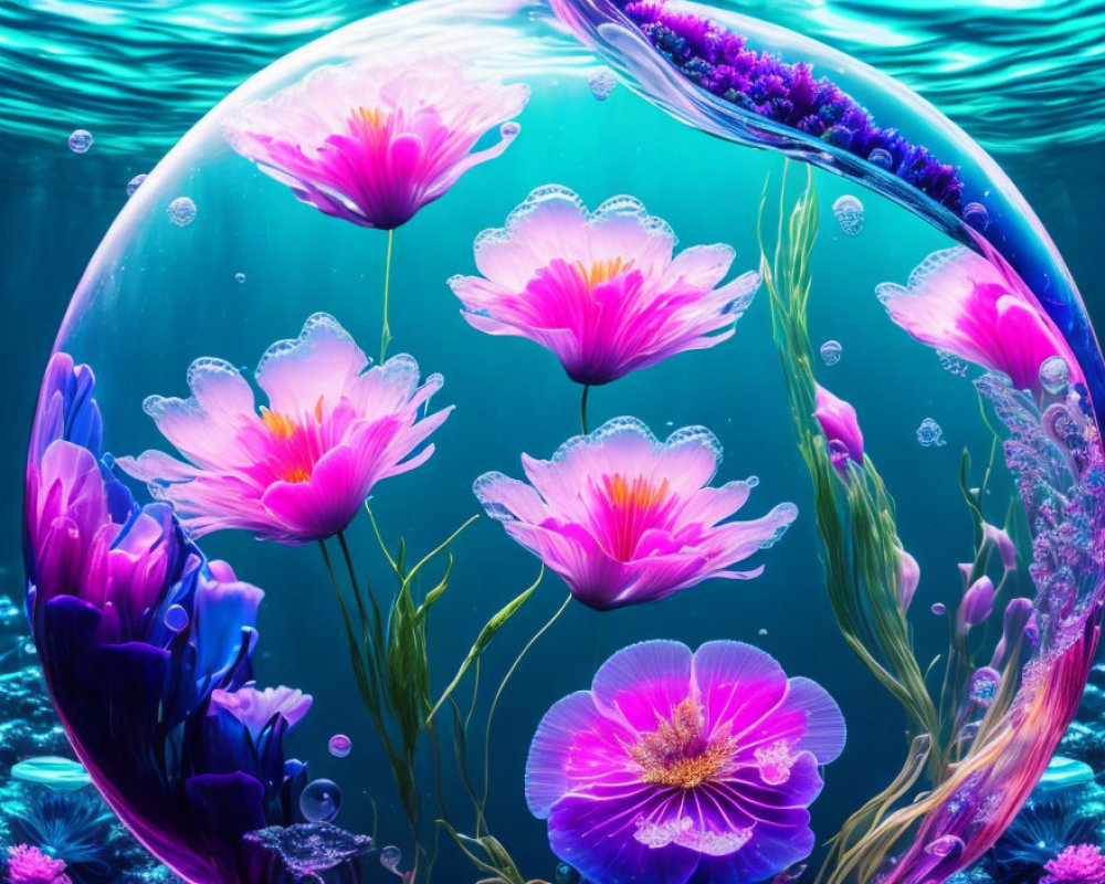 Colorful pink and purple flowers in sphere underwater with bubbles and blue backdrop