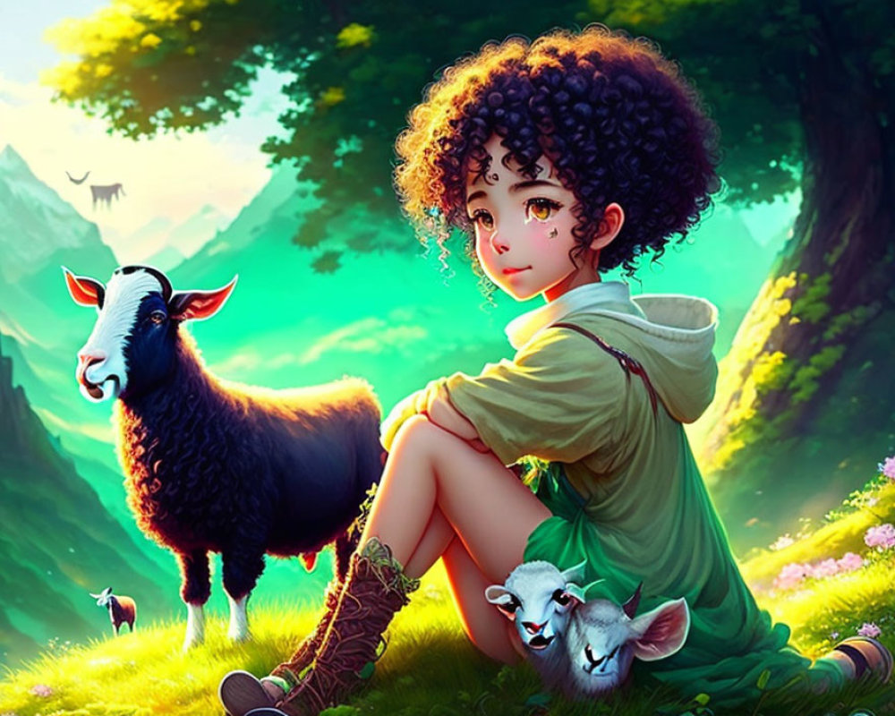 Curly-Haired Girl Surrounded by Goats in Sunlit Meadow