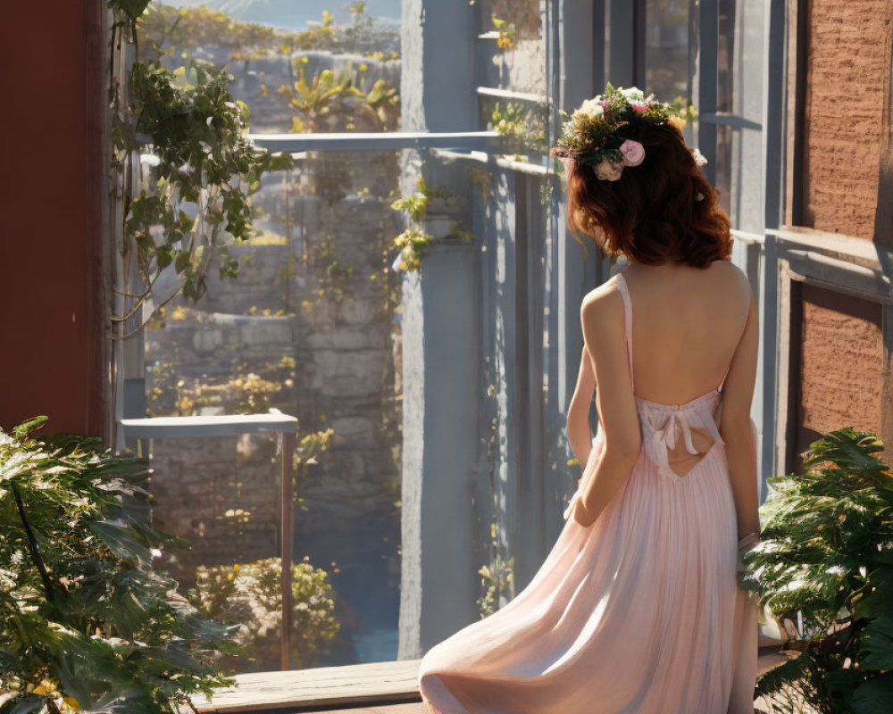 Woman in Light Pink Dress on Balcony Overlooking Cityscape