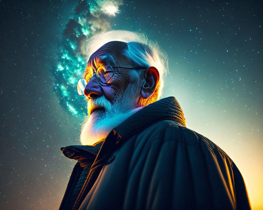 Elderly man in glasses gazes at starry night sky