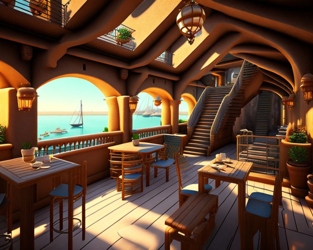 Coastal dining terrace with wooden furniture and ocean view.