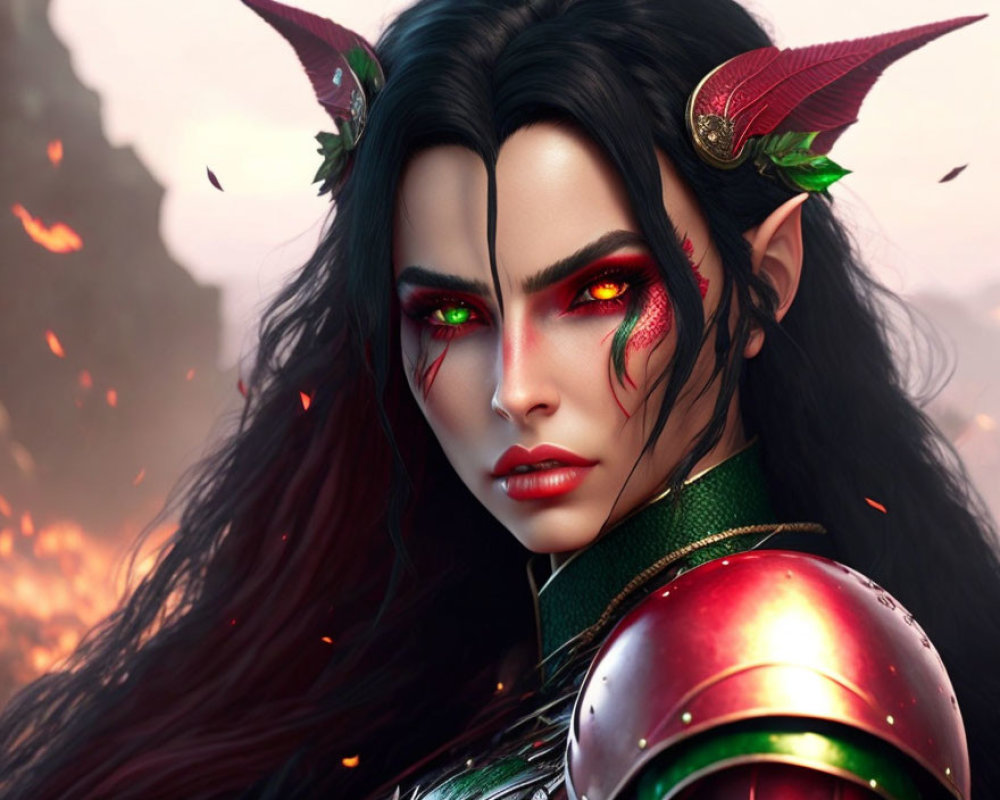 Female fantasy character with red glowing eyes, pointed ears, and horns in fiery setting
