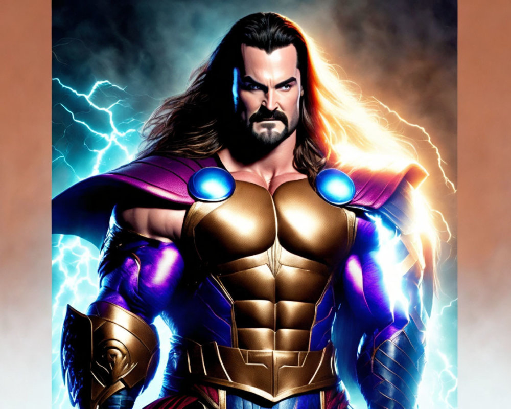 Superhero character with long hair and beard in suit with shoulder armor and gauntlets amidst blue lightning