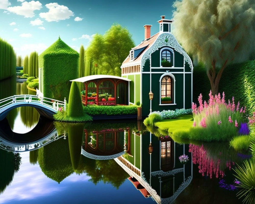 Tranquil cottage by calm pond amidst lush greenery