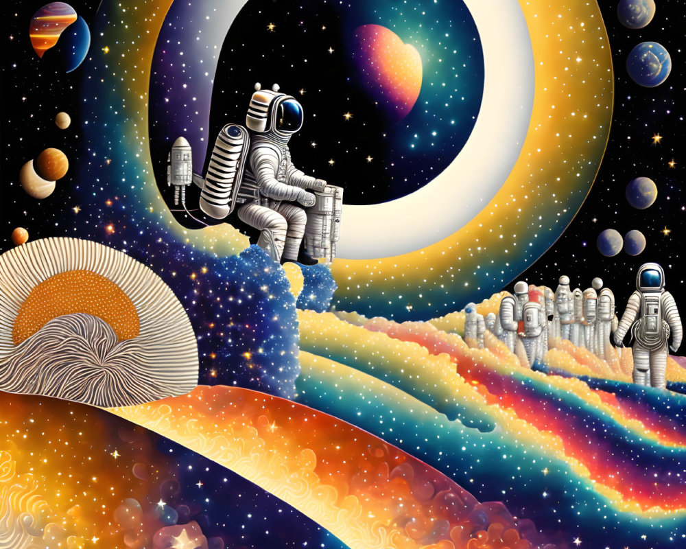 Colorful astronaut in cosmic setting with galaxies, nebulas, and planets.