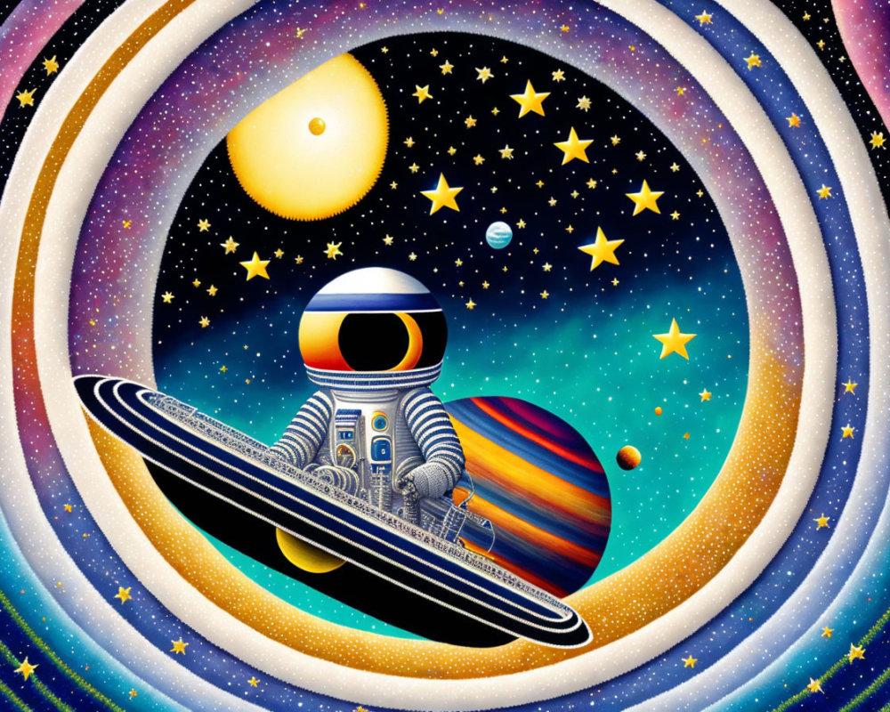 Astronaut surfing cosmic wave among vibrant planets and stars