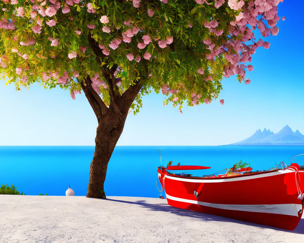 Red Boat Under Pink Tree by Blue Sea & Mountains
