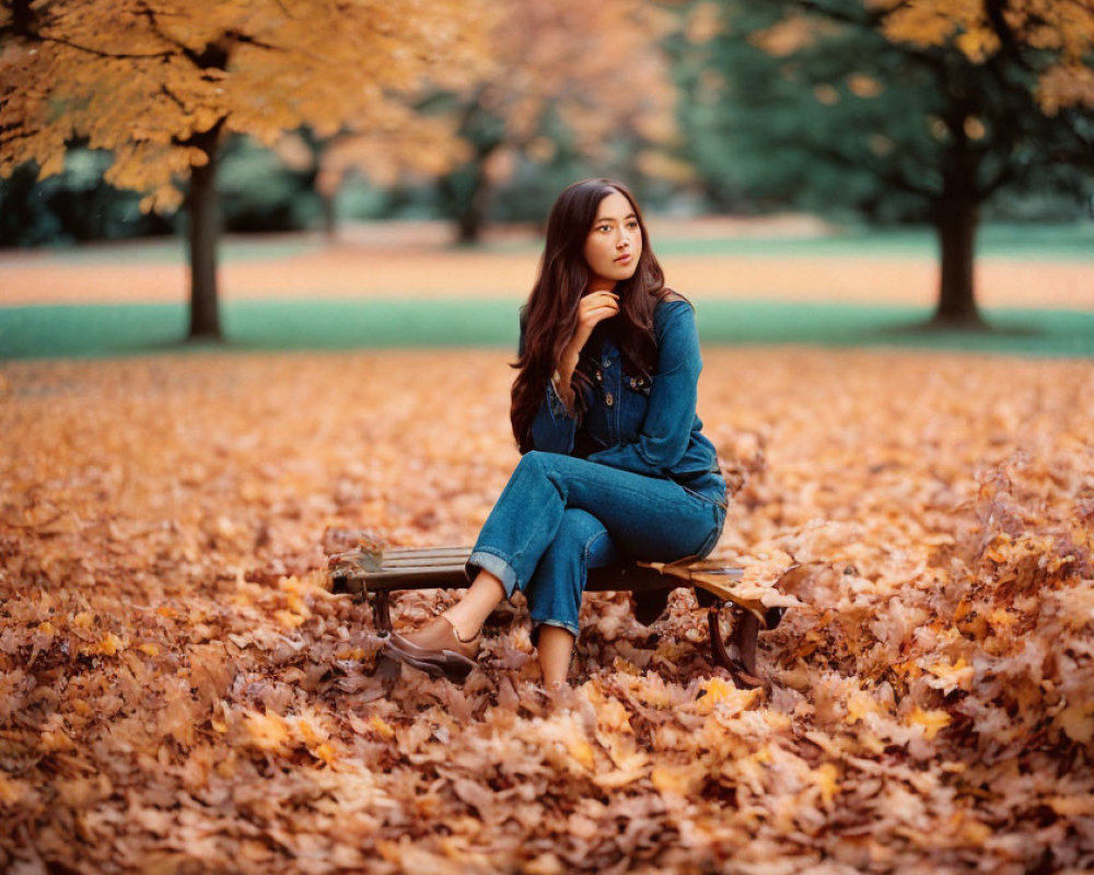 Woman in Denim Outfit Contemplates on Park Bench Amid Autumn Leaves