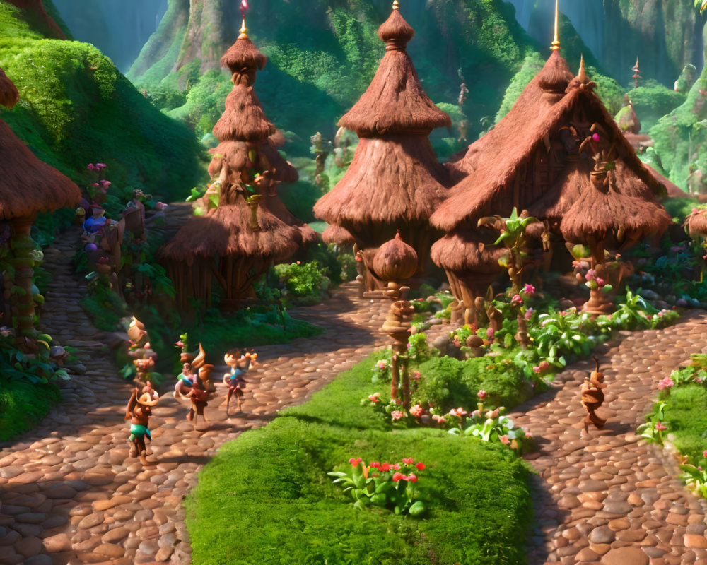 Colorful animated village with thatched-roof huts and whimsical creatures among lush greenery