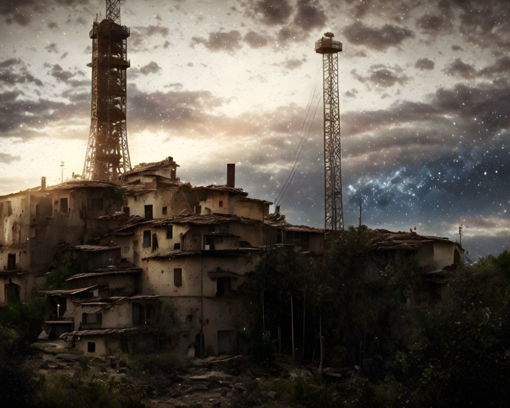 Decaying multi-story buildings and damaged communication towers under a twilight sky