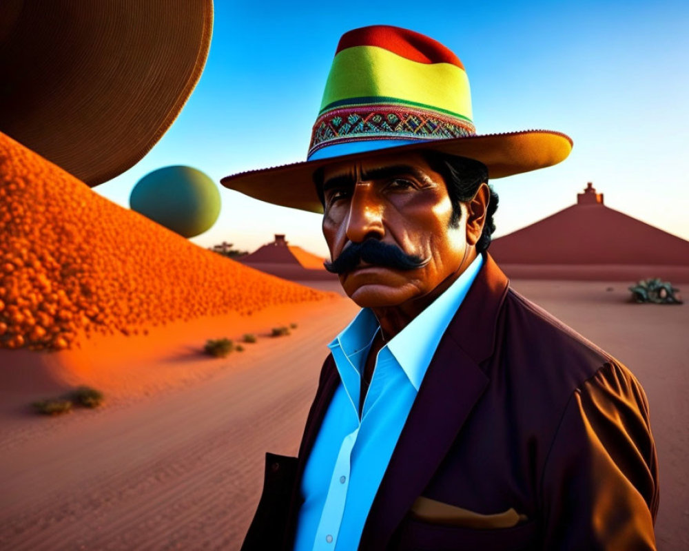 Colorful desert scene with man in suit and hat portrait.