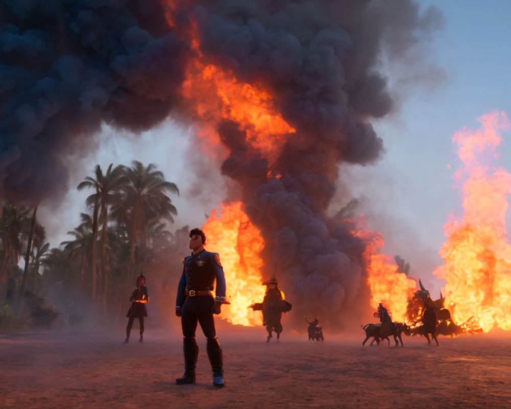 Person stands amidst smoke and fire with figures on horseback in background.