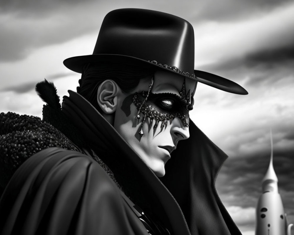 Monochrome artwork: mysterious figure in mask, top hat, cloak, with rocket and dramatic clouds