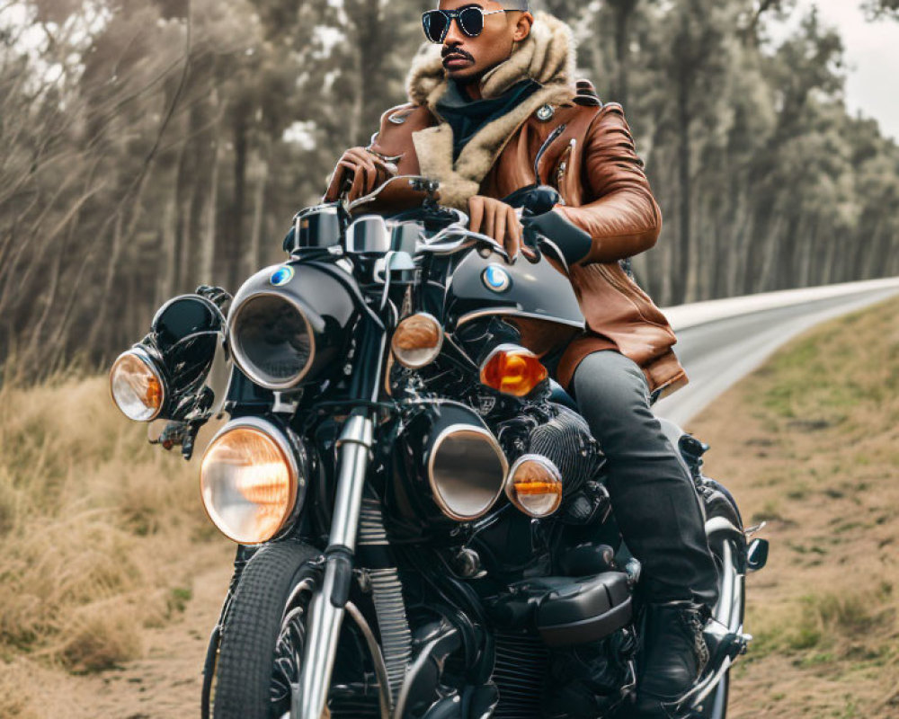 Bearded man in sunglasses on classic motorcycle with leather jacket and fur collar on tree-lined road