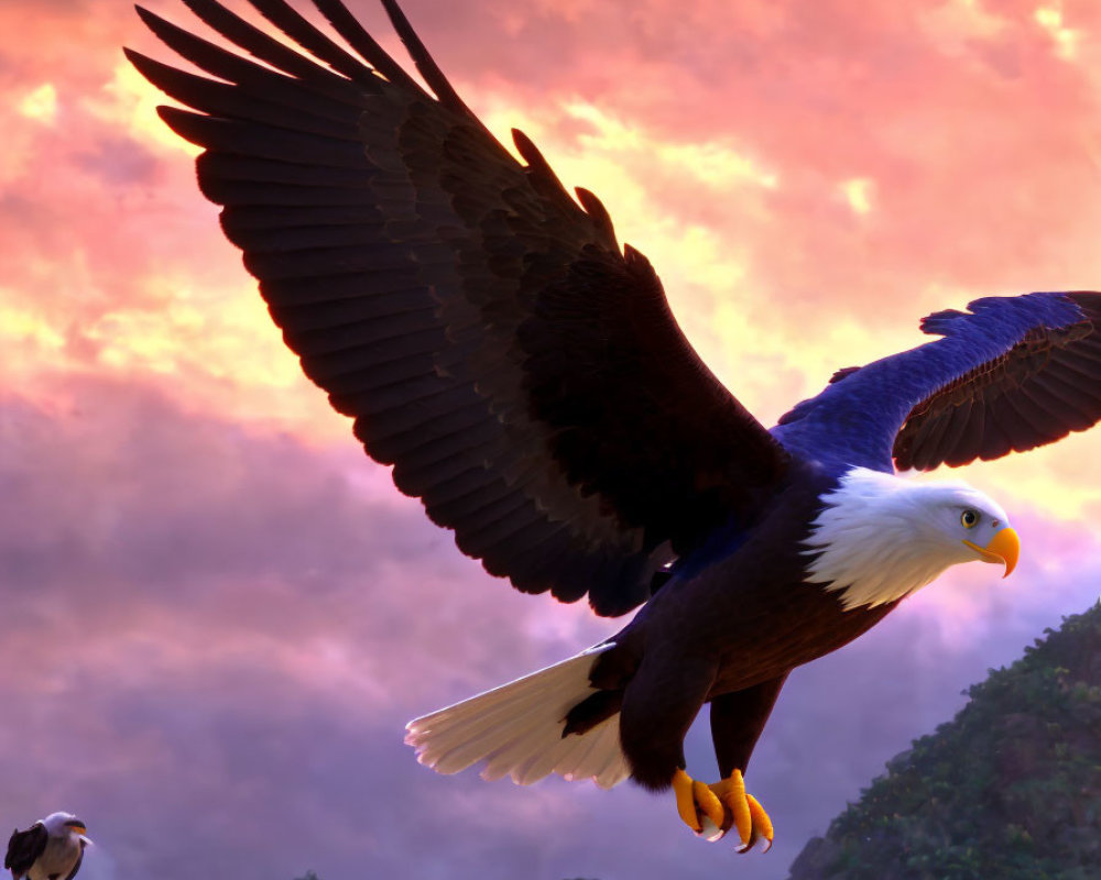 Majestic bald eagle flying at sunset with another eagle perched on rock
