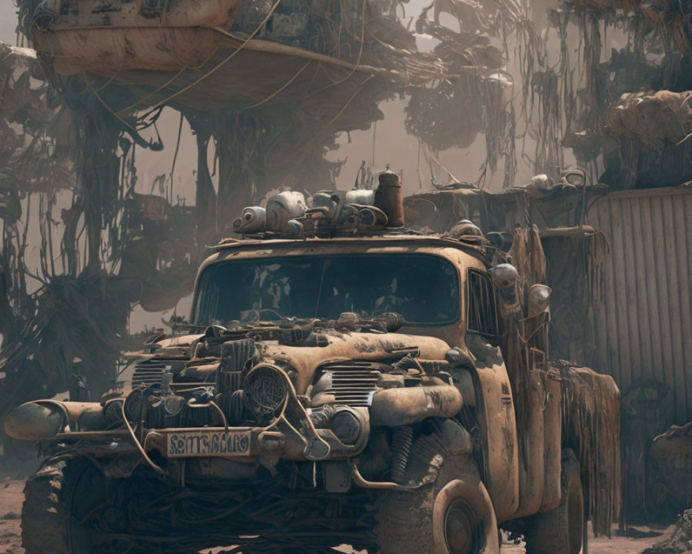 Post-apocalyptic truck in desolate landscape with supplies and debris.