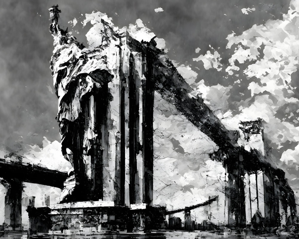 Monochromatic artistic depiction of grand monument with columns and statue under cloudy sky