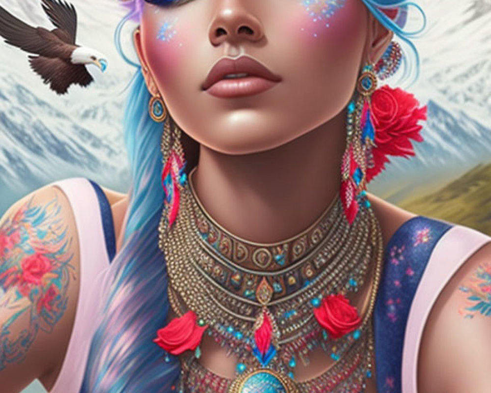 Vibrant digital artwork: woman with blue hair, bird, and mountain backdrop