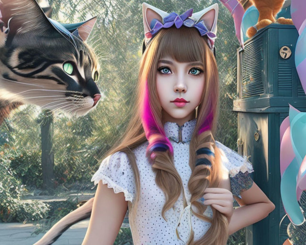 Colorful-haired girl with cat ears in whimsical garden with large animated cats and vibrant balloons.