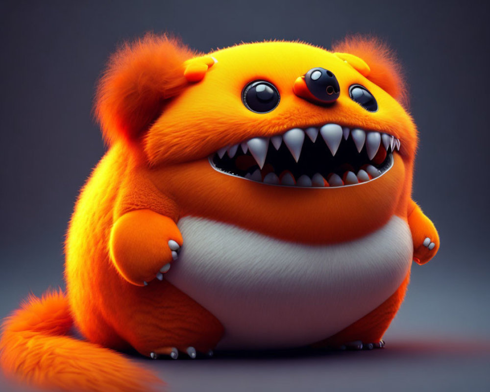 Fluffy orange cartoon creature with sharp teeth and big eyes