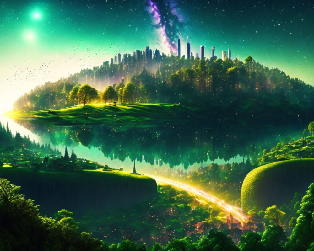 Fantasy landscape with city skyline, lush greenery, lake, starry sky.