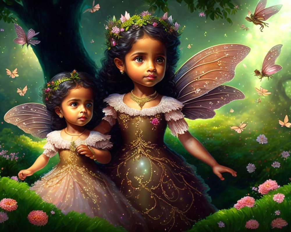 Enchanting fairy girls with wings in mystical forest surrounded by butterflies