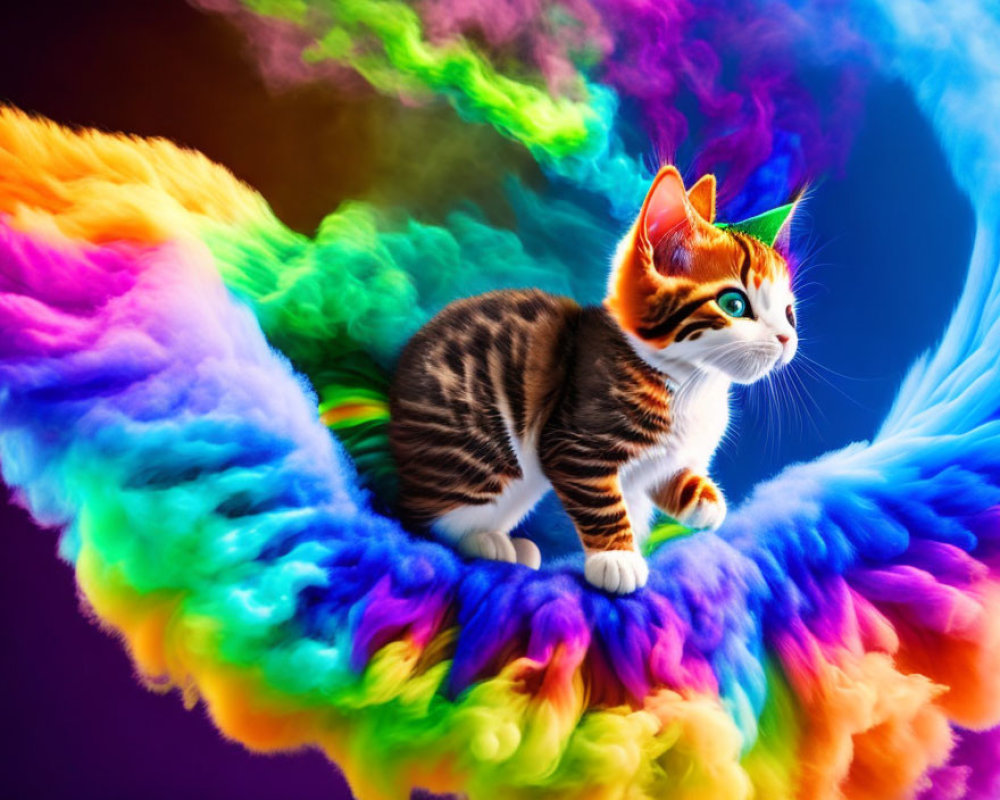 Tabby kitten on rainbow cloud with colorful swirls.