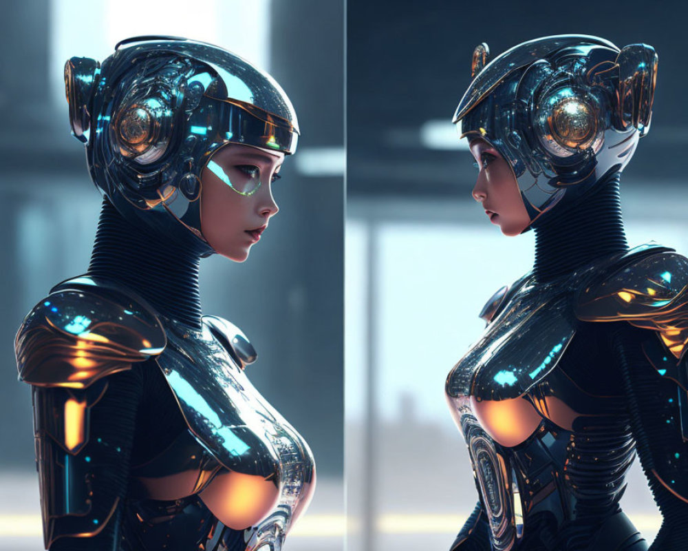 Female humanoid robot in futuristic black and blue suit and glowing helmet