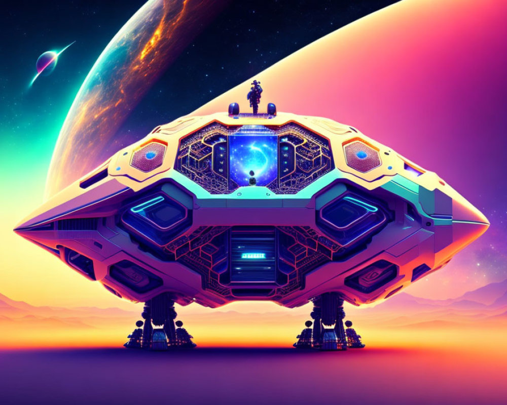 Futuristic spaceship with extended landing gear on vibrant alien planet