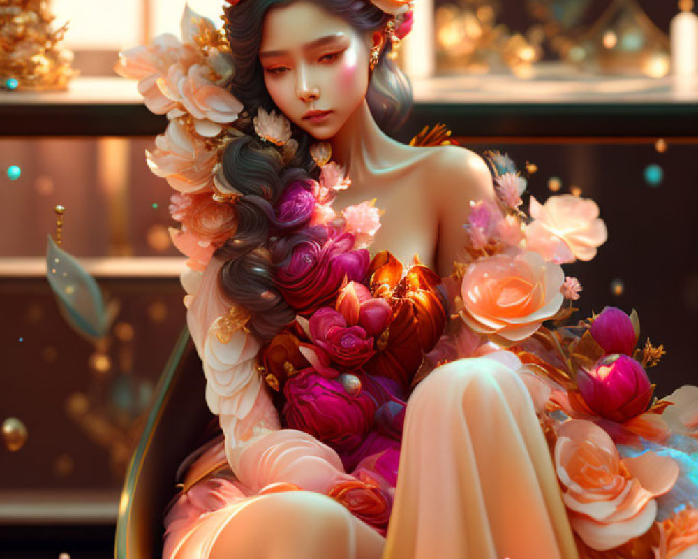 Digital artwork of a woman with vibrant flowers and leaves against ornate backdrop