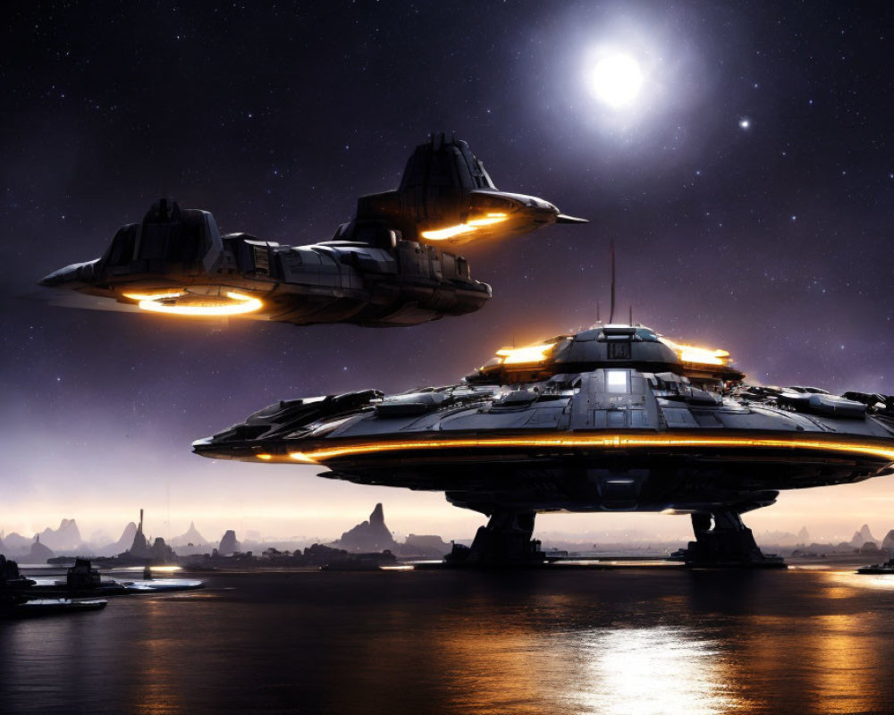 Futuristic spacecraft on alien planet under starry sky