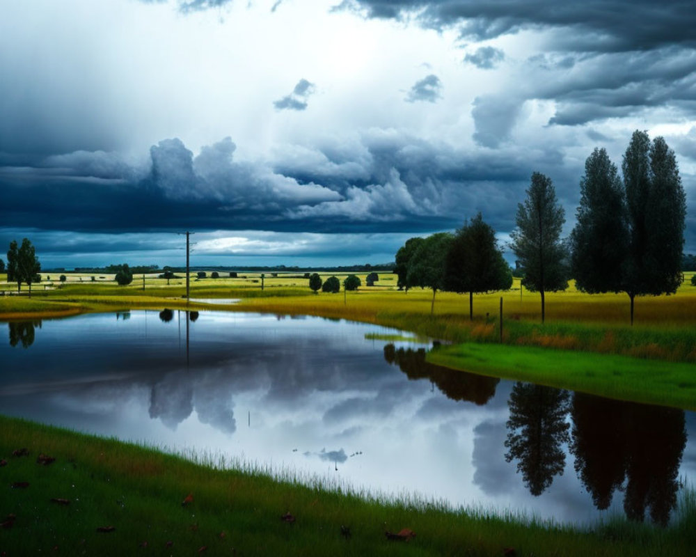Dramatic landscape with storm clouds over tranquil water