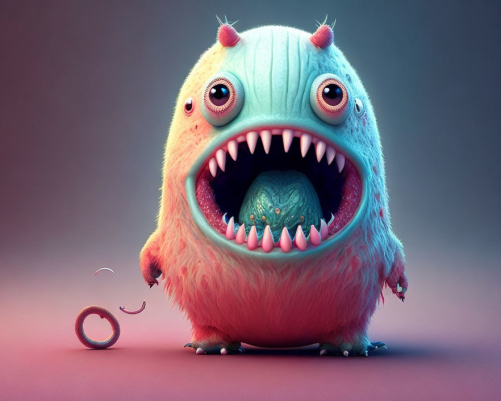 Pink furry monster with four eyes and sharp teeth on gradient background