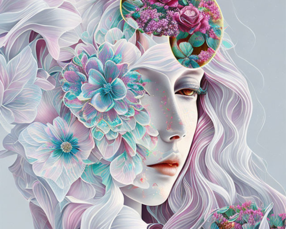 Colorful botanical elements with white-haired figure in digital art