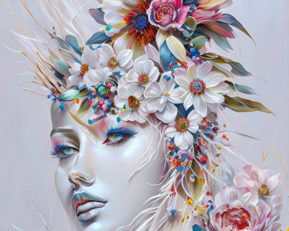 Portrait of serene woman with elaborate floral headdress and bird.