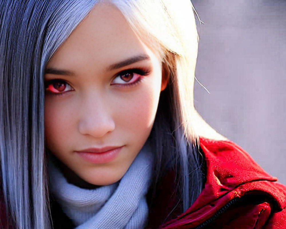 Person with Red Eyes and Silver Hair in Red Garment and Gray Scarf