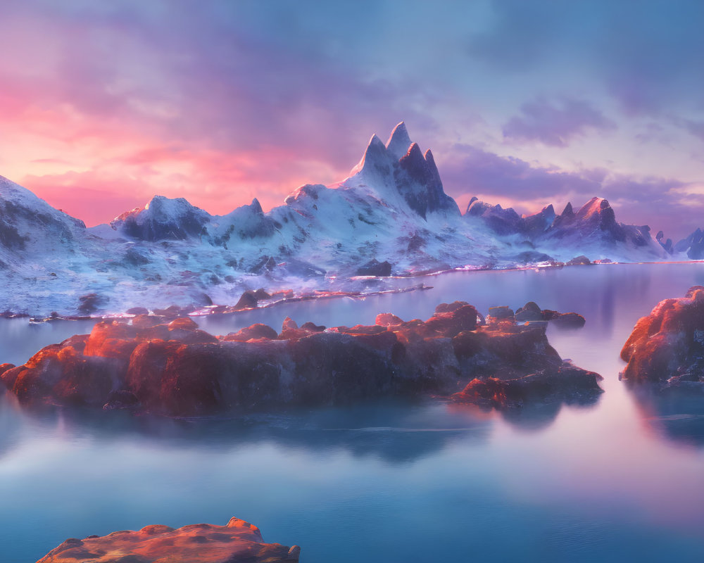 Majestic mountain peaks and pink-hued sky over tranquil blue lake
