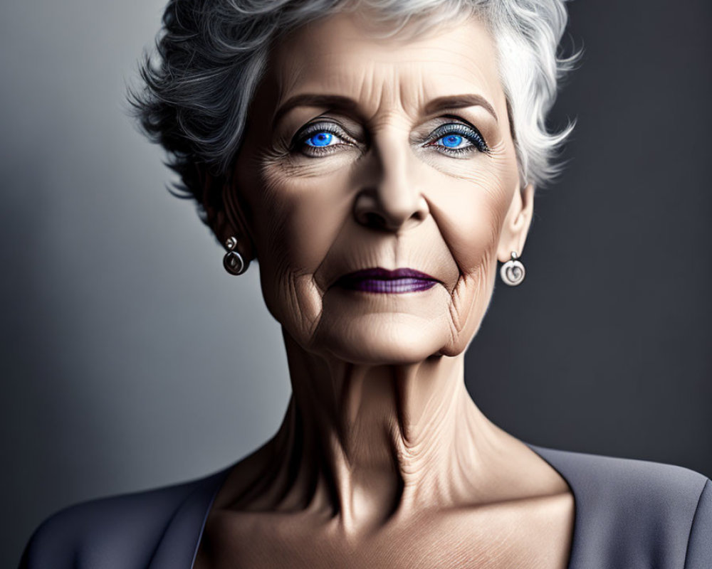 Elderly Woman Portrait: Silver Hair, Blue Eyes, Earrings & Blouse